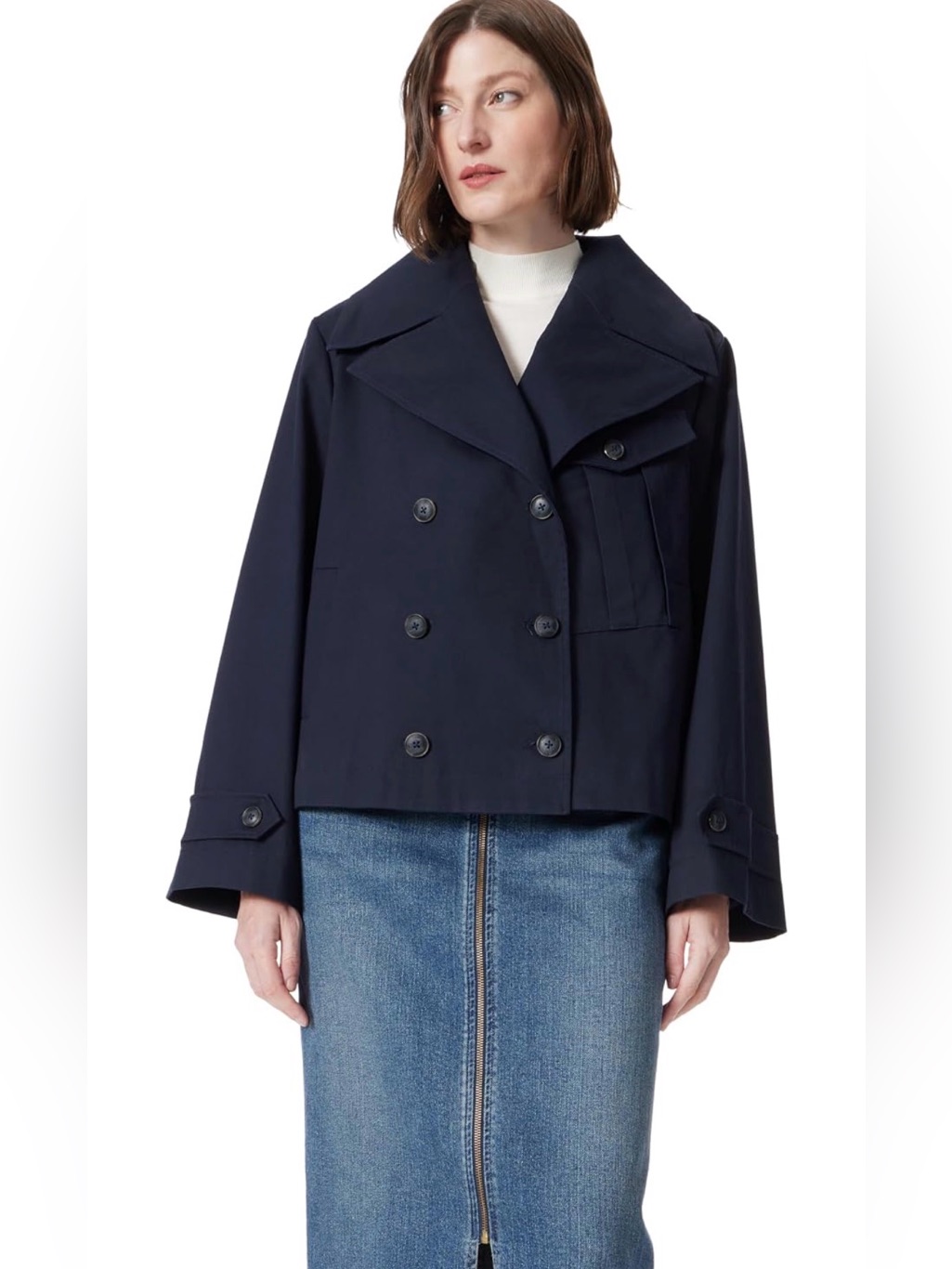 Nwt Dee Ocleppo Navy Mixed Media Double-Breasted Cropped Trench Jacket Xl